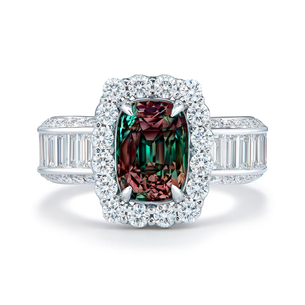 100% Green To Purple Alexandrite Ring with D Flawless Diamonds set in 18K White Gold