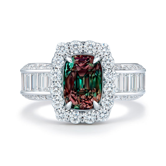 100% Green To Purple Alexandrite Ring with D Flawless Diamonds set in 18K White Gold