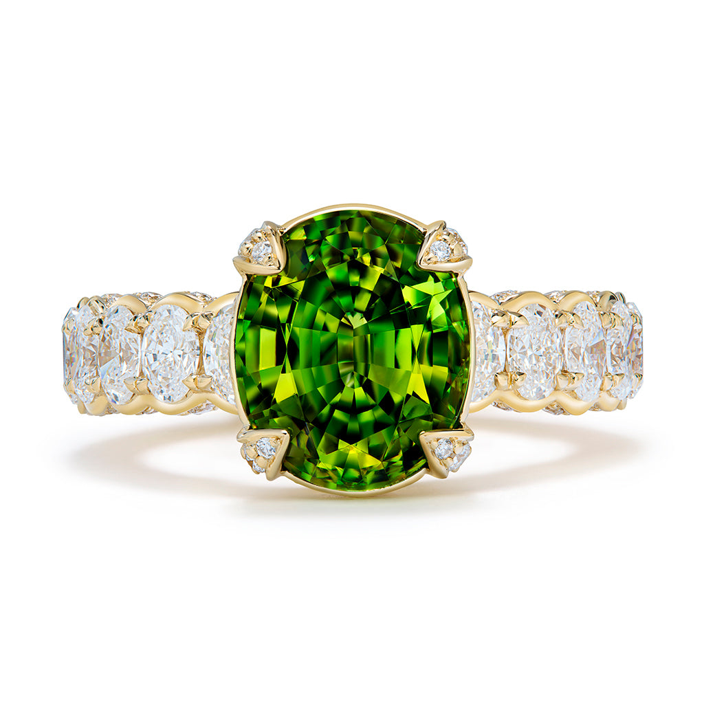 Vibrant Vivid Demantoid Ring with D Flawless Diamonds set in 18K Yellow Gold