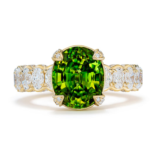 Vibrant Vivid Demantoid Ring with D Flawless Diamonds set in 18K Yellow Gold