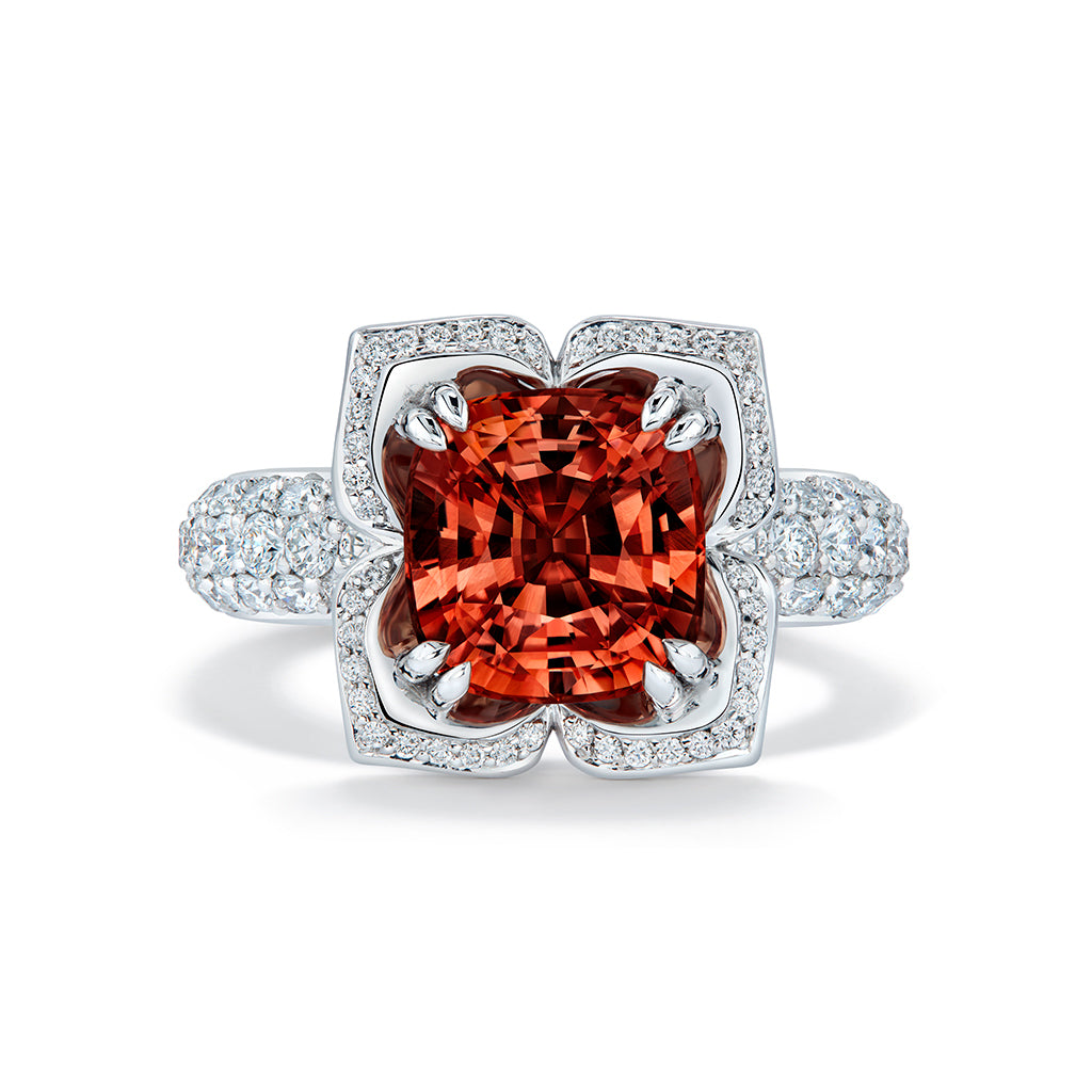Padparadscha Color Garnet Ring with D Flawless Diamonds set in 18K White Gold