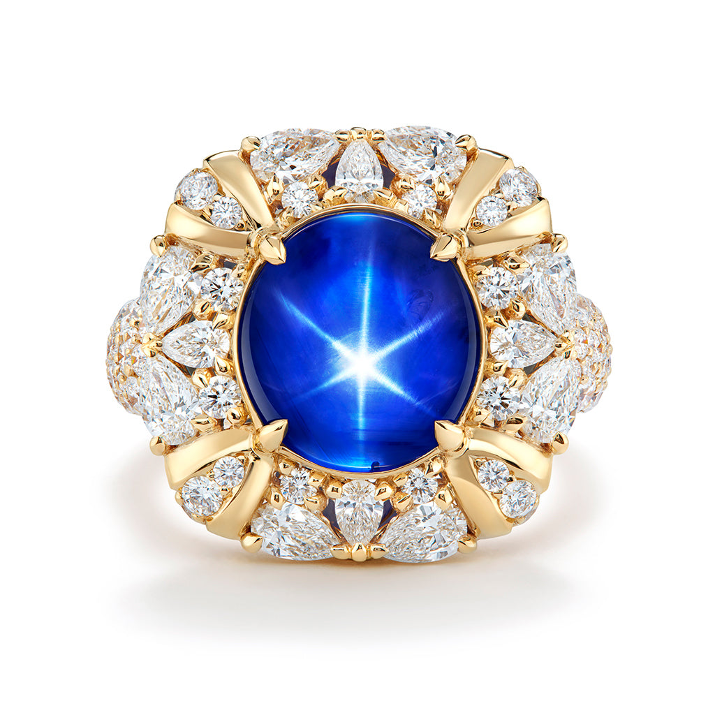 Unheated Burmese Cornflower Blue Star Sapphire Ring with D Flawless Diamonds set in 18K Yellow Gold