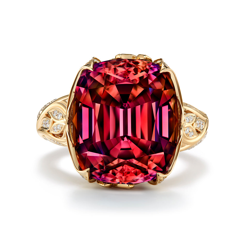 Australian Pink Zircon Ring with D Flawless Diamonds set in 18K Yellow Gold