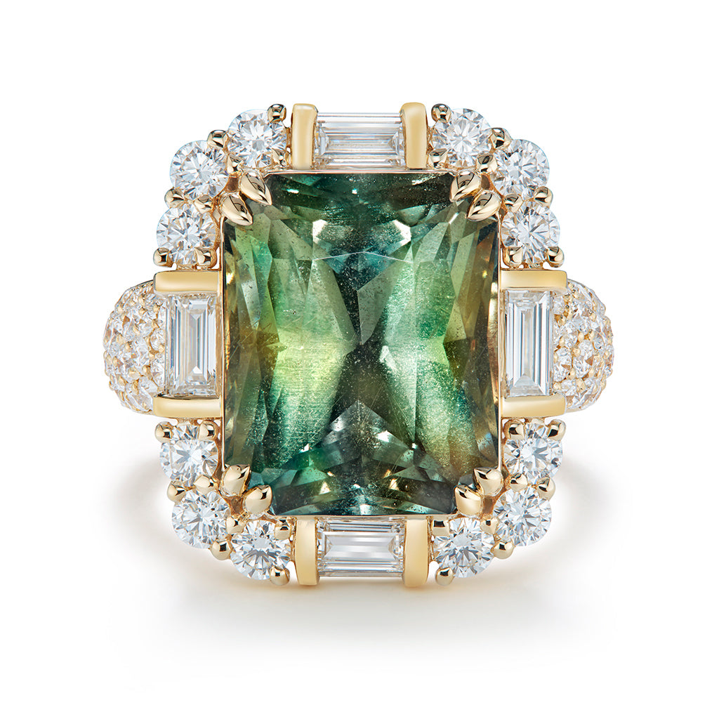 Shiller Sheen Green Sapphire Ring with D Flawless Diamonds set in 18K Yellow Gold