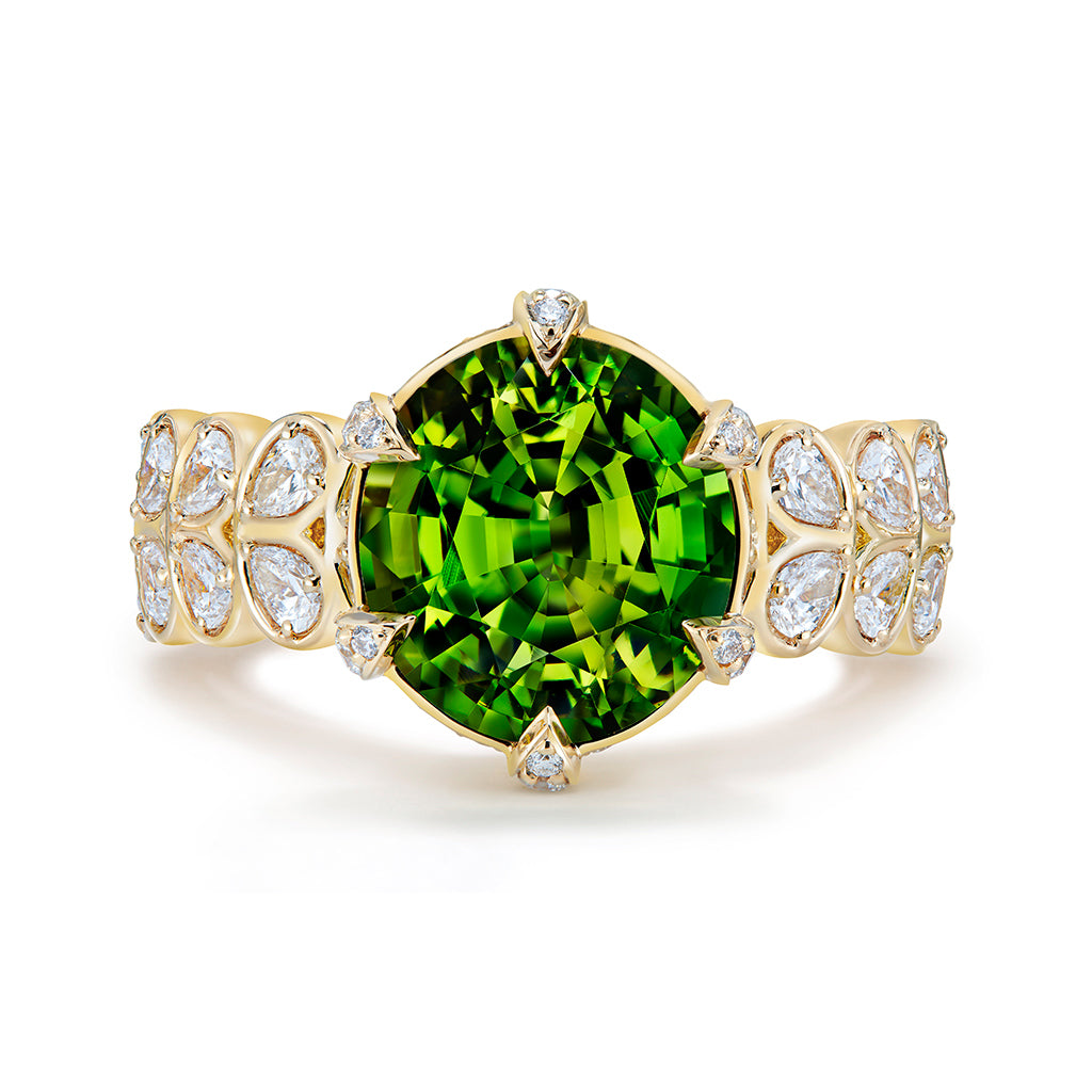 Vibrant Vivid Demantoid Ring with D Flawless Diamonds set in 18K Yellow Gold