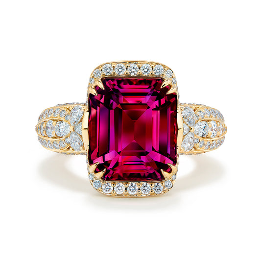 Magenta Garnet Ring with D Flawless Diamonds set in 18K Yellow Gold