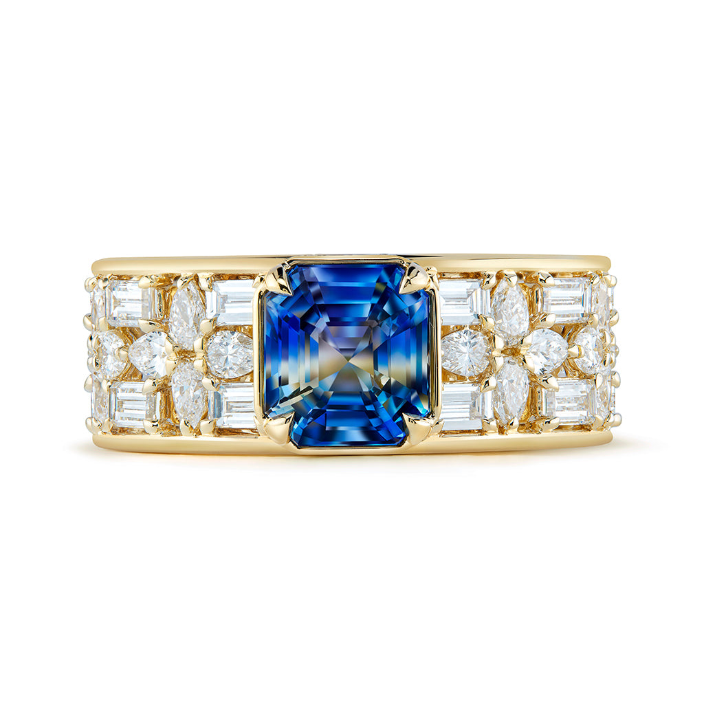 Unheated Ceylon Bi Color Sapphire Ring with D Flawless Diamonds set in 18K Yellow Gold