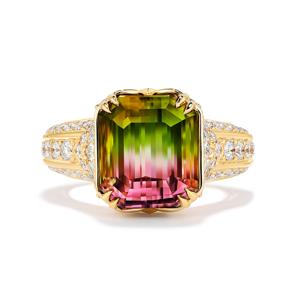 Bi Color Tourmaline Ring with D Flawless Diamonds set in 18K Yellow Gold