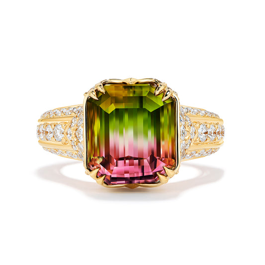 Bi Color Tourmaline Ring with D Flawless Diamonds set in 18K Yellow Gold