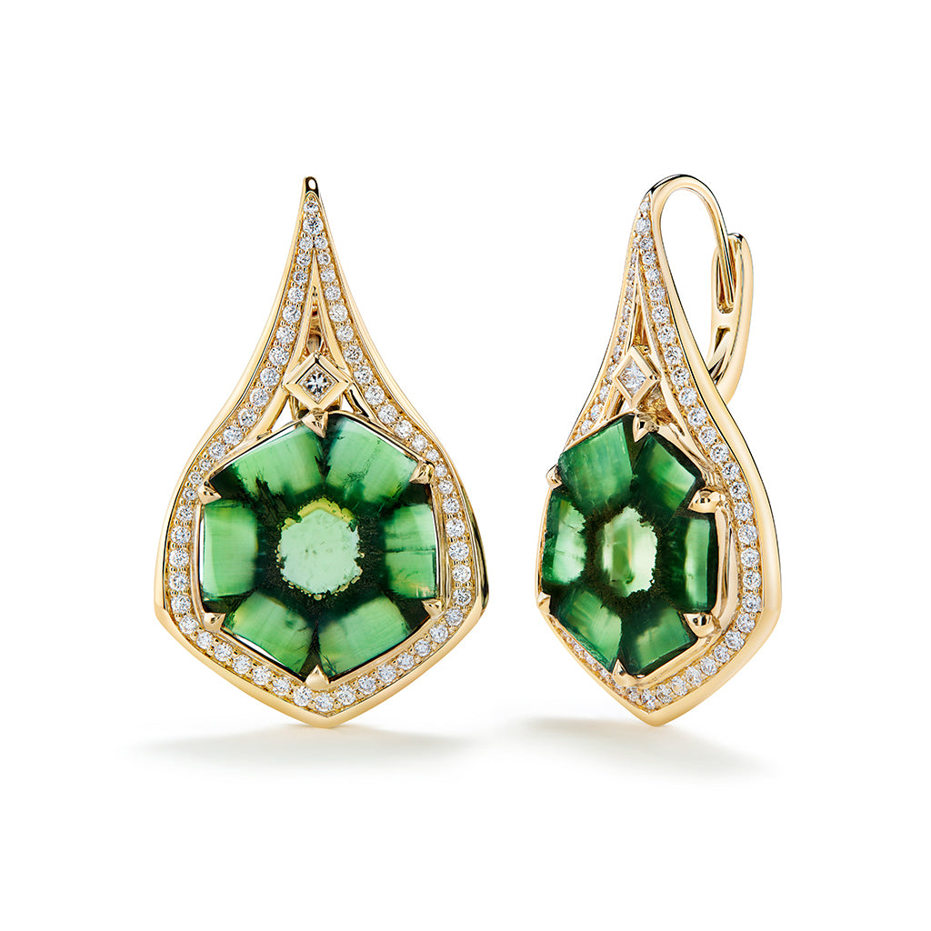 No Oil Muzo Colombian Trapiche Emerald Earrings with D Flawless Diamonds set in 18K Yellow Gold