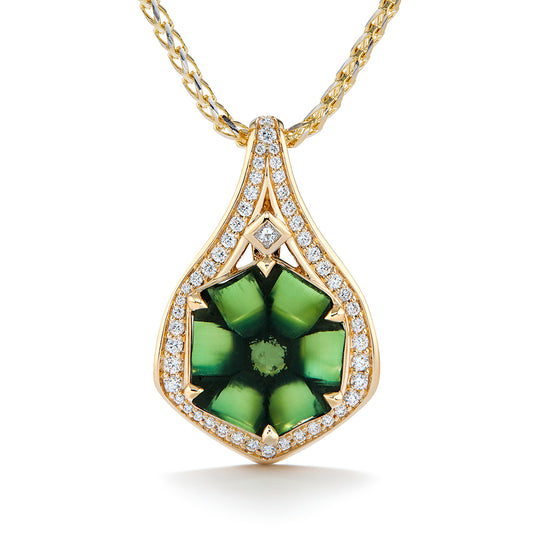 No Oil Muzo Colombian Trapiche Emerald Necklace with D Flawless Diamonds set in 18K Yellow Gold