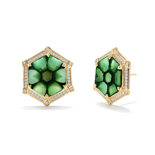 No Oil Muzo Colombian Trapiche Emerald Earrings with D Flawless Diamonds set in 18K Yellow Gold