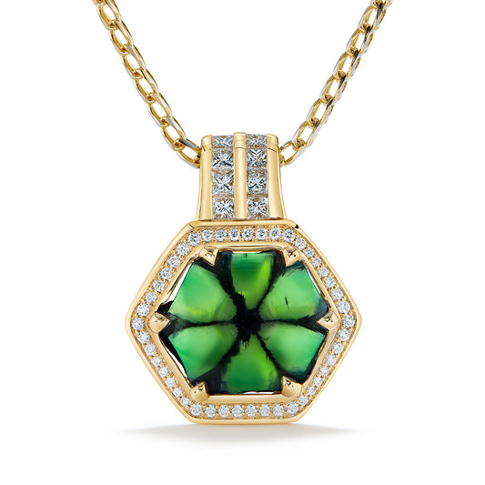 No Oil Muzo Colombian Trapiche Emerald Necklace with D Flawless Diamonds set in 18K Yellow Gold