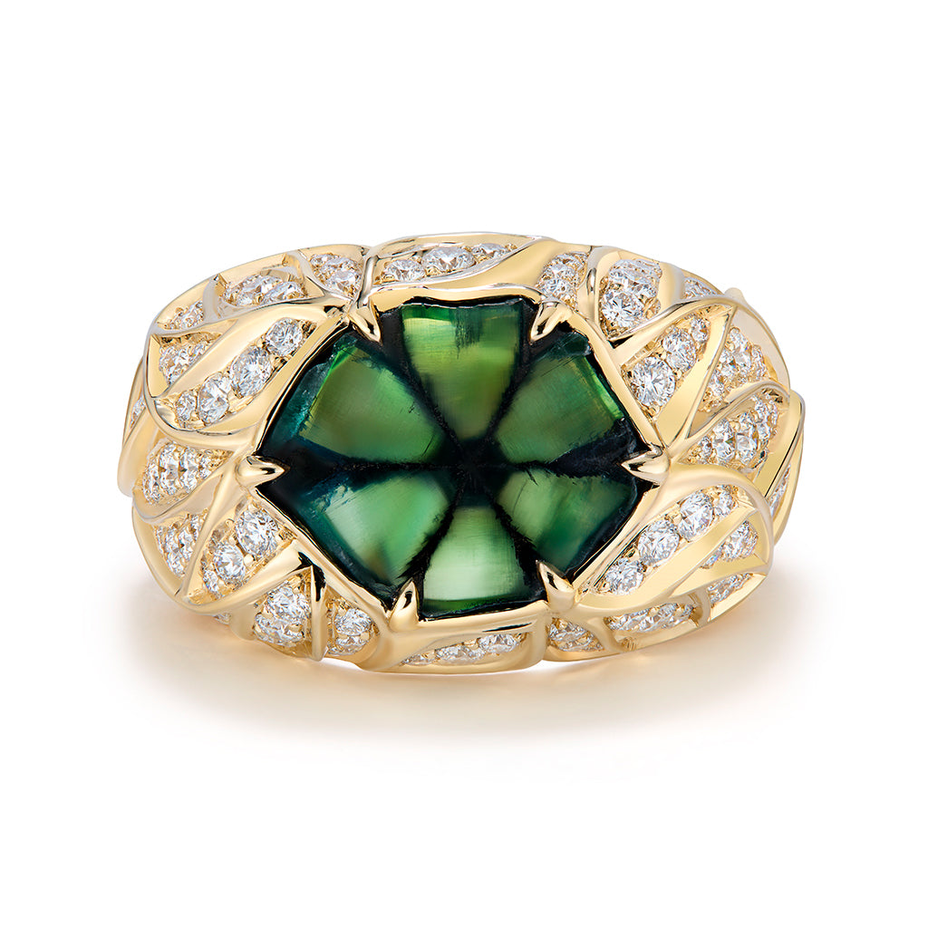 No Oil Muzo Colombian Trapiche Emerald Ring with D Flawless Diamonds set in 18K Yellow Gold