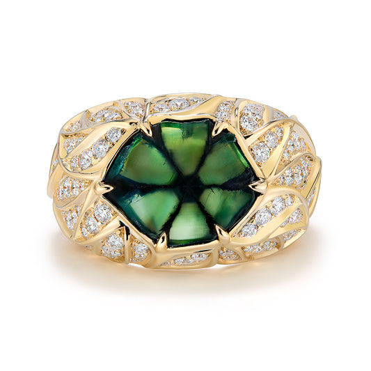 No Oil Muzo Colombian Trapiche Emerald Ring with D Flawless Diamonds set in 18K Yellow Gold