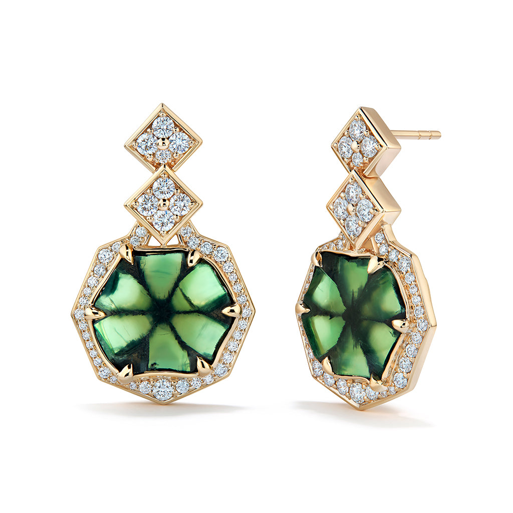 No Oil Muzo Colombian Trapiche Emerald Earrings with D Flawless Diamonds set in 18K Yellow Gold