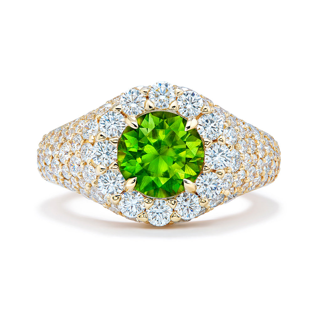 Horsetail Vivid Russian Demantoid Ring with D Flawless Diamonds set in 18K Yellow Gold