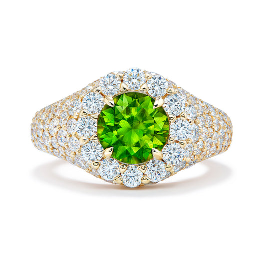 Horsetail Vivid Russian Demantoid Ring with D Flawless Diamonds set in 18K Yellow Gold