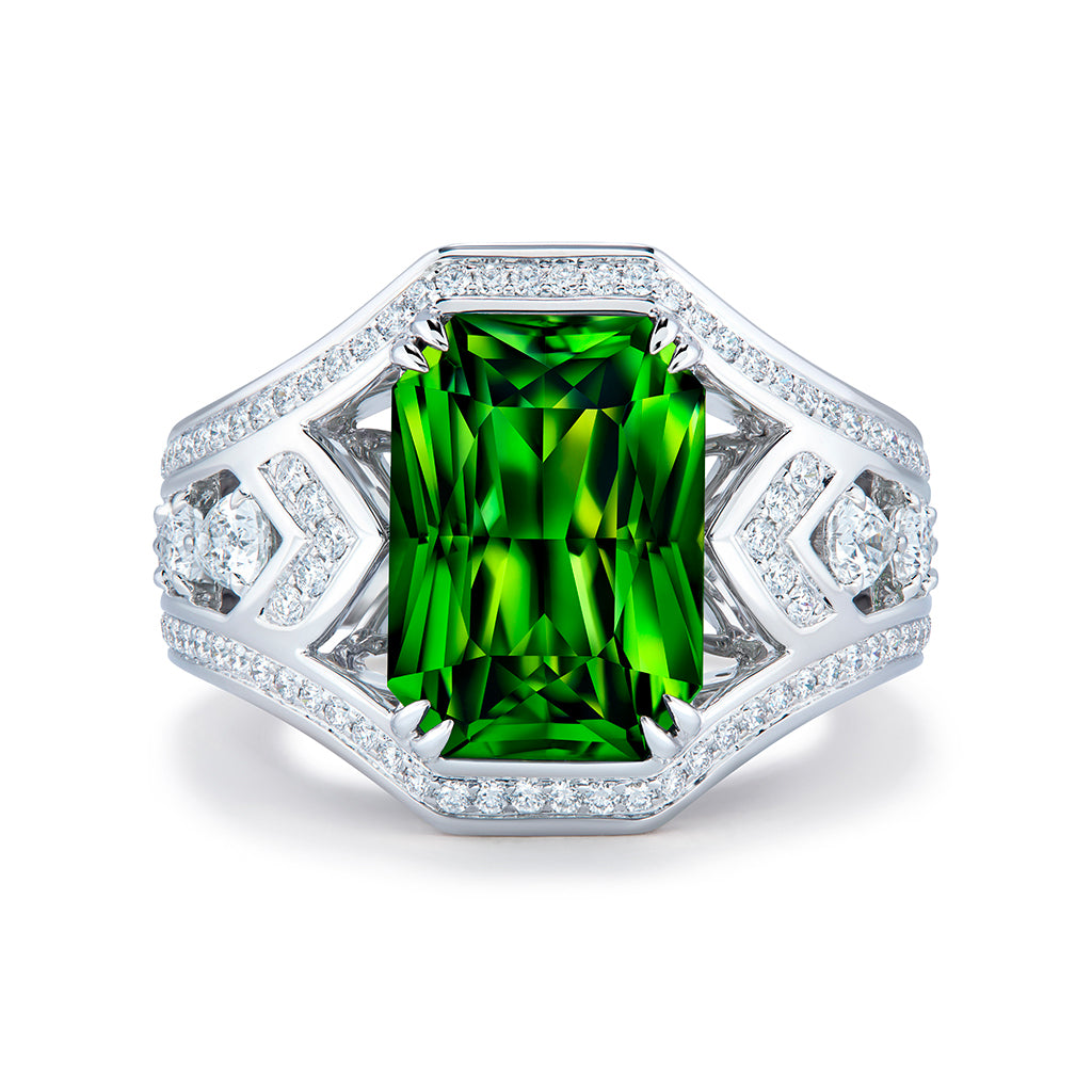 Green Zircon Ring with D Flawless Diamonds set in 18K White Gold