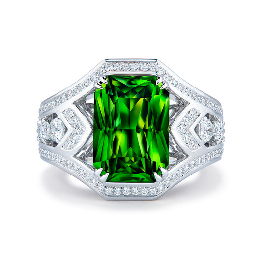 Green Zircon Ring with D Flawless Diamonds set in 18K White Gold