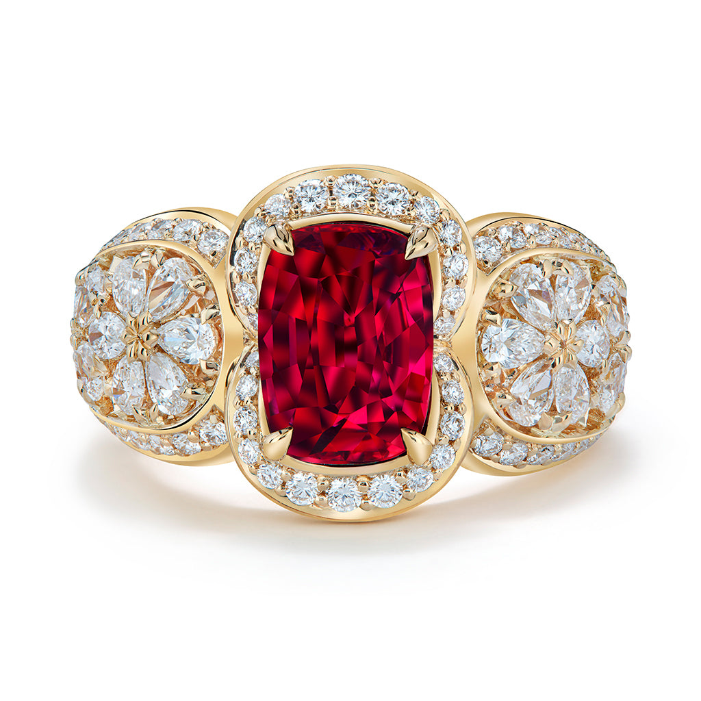 Unheated Pigeons Blood Ruby Ring with D Flawless Diamonds set in 18K Yellow Gold