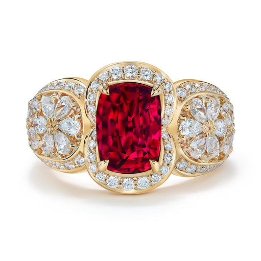 Unheated Pigeons Blood Ruby Ring with D Flawless Diamonds set in 18K Yellow Gold