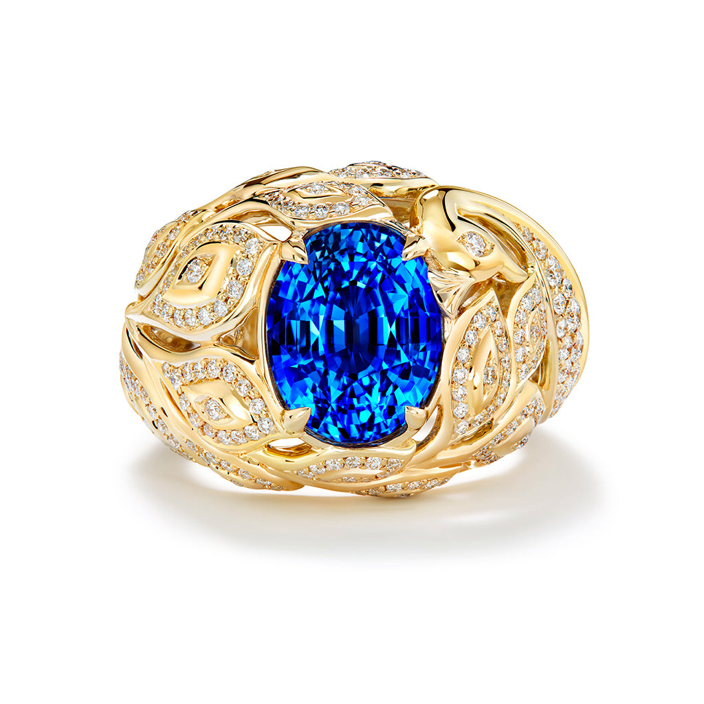 Unheated Ceylon Cornflower Blue Sapphire Ring with D Flawless Diamonds set in 18K Yellow Gold