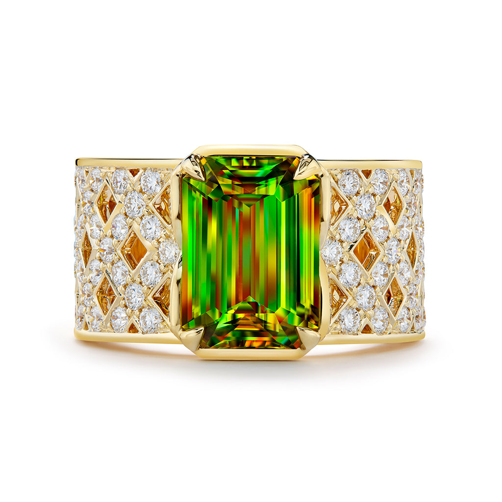 Russian Sphene Ring with D Flawless Diamonds set in 18K Yellow Gold