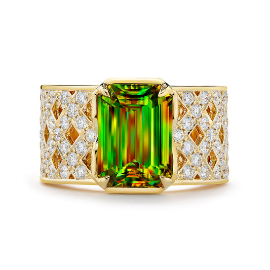 Russian Sphene Ring with D Flawless Diamonds set in 18K Yellow Gold
