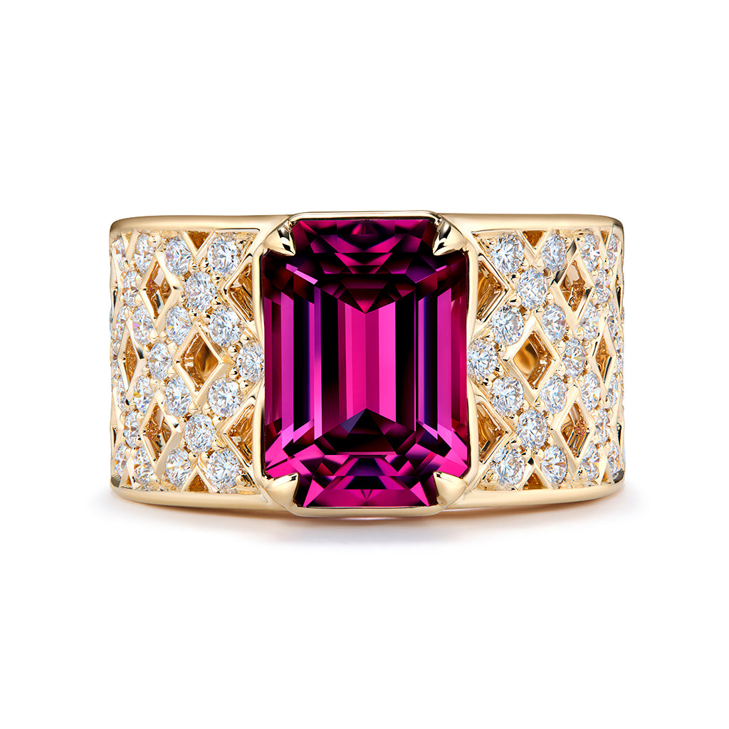 Magenta Garnet Ring with D Flawless Diamonds set in 18K Yellow Gold