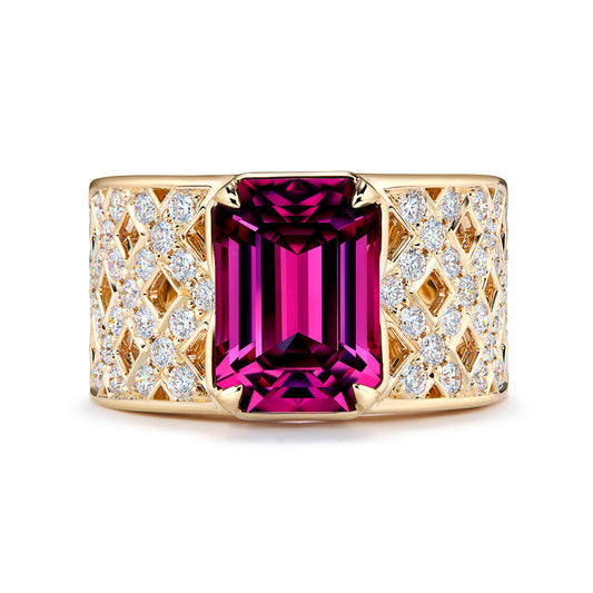 Magenta Garnet Ring with D Flawless Diamonds set in 18K Yellow Gold