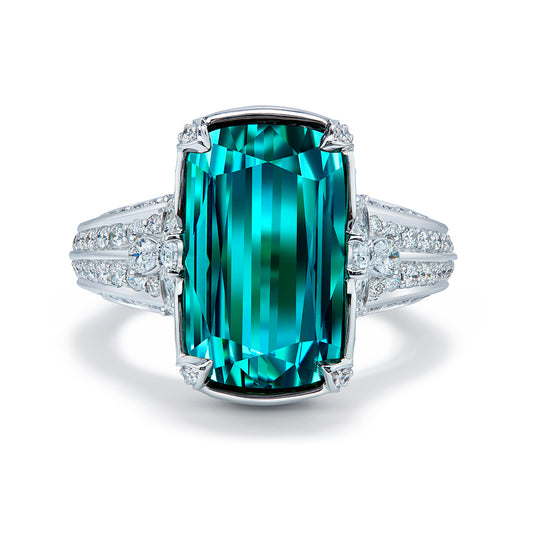 Afgan Lagoon Indicolite Tourmaline Ring with D Flawless Diamonds set in 18K White Gold