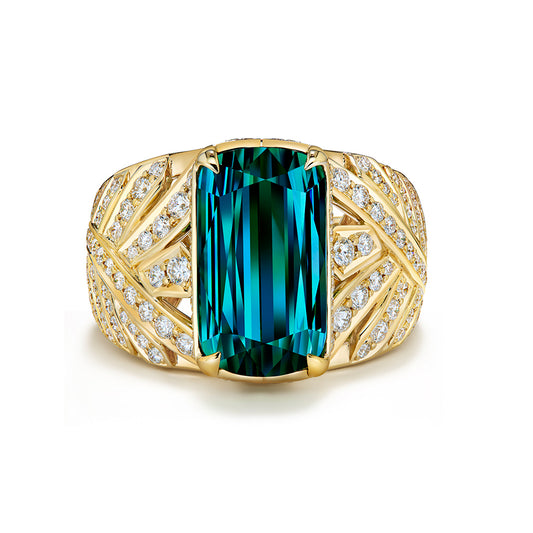 Flawless Afgan Lagoon Indicolite Tourmaline Ring with D Flawless Diamonds set in 18K Yellow Gold