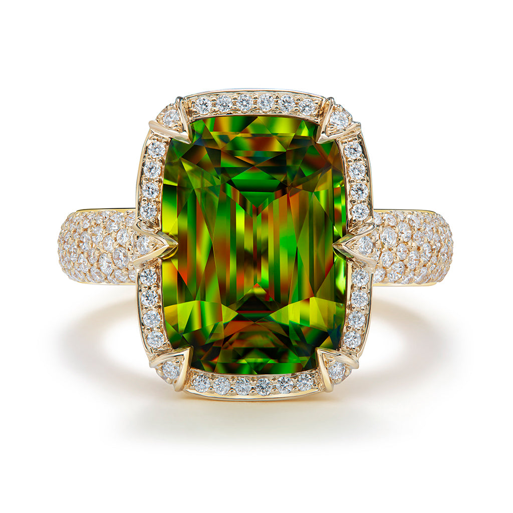 Sphene Ring with D Flawless Diamonds set in 18K Yellow Gold