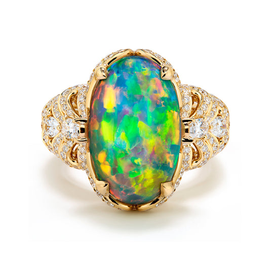 Indonesian Black Opal Ring with D Flawless Diamonds set in 18K Yellow Gold