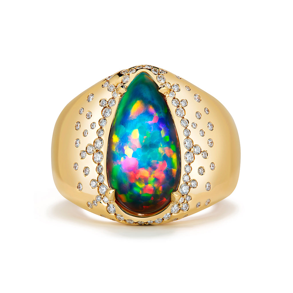 Black Opal Ring with D Flawless Diamonds set in 18K Yellow Gold