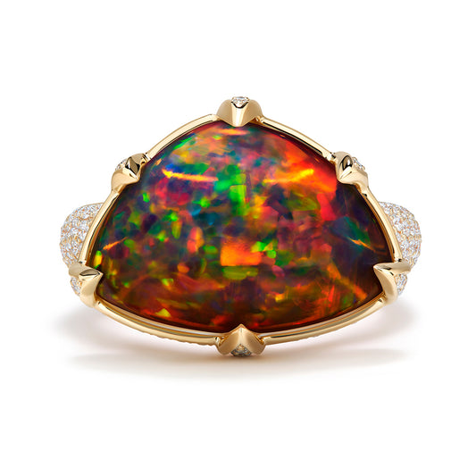 Indonesian Black Opal Ring with D Flawless Diamonds set in 18K Yellow Gold