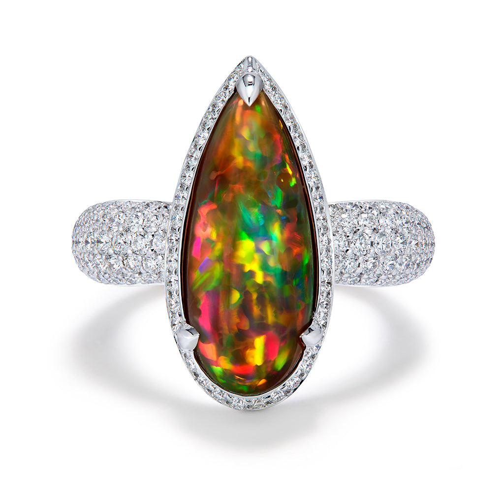 Indonesian Black Opal Ring with D Flawless Diamonds set in 18K White Gold