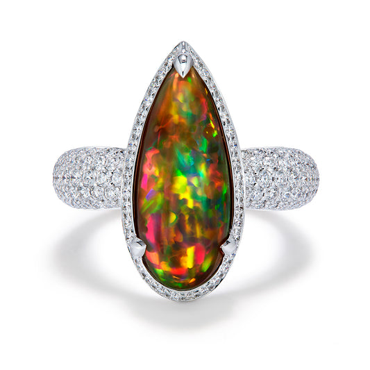 Indonesian Black Opal Ring with D Flawless Diamonds set in 18K White Gold