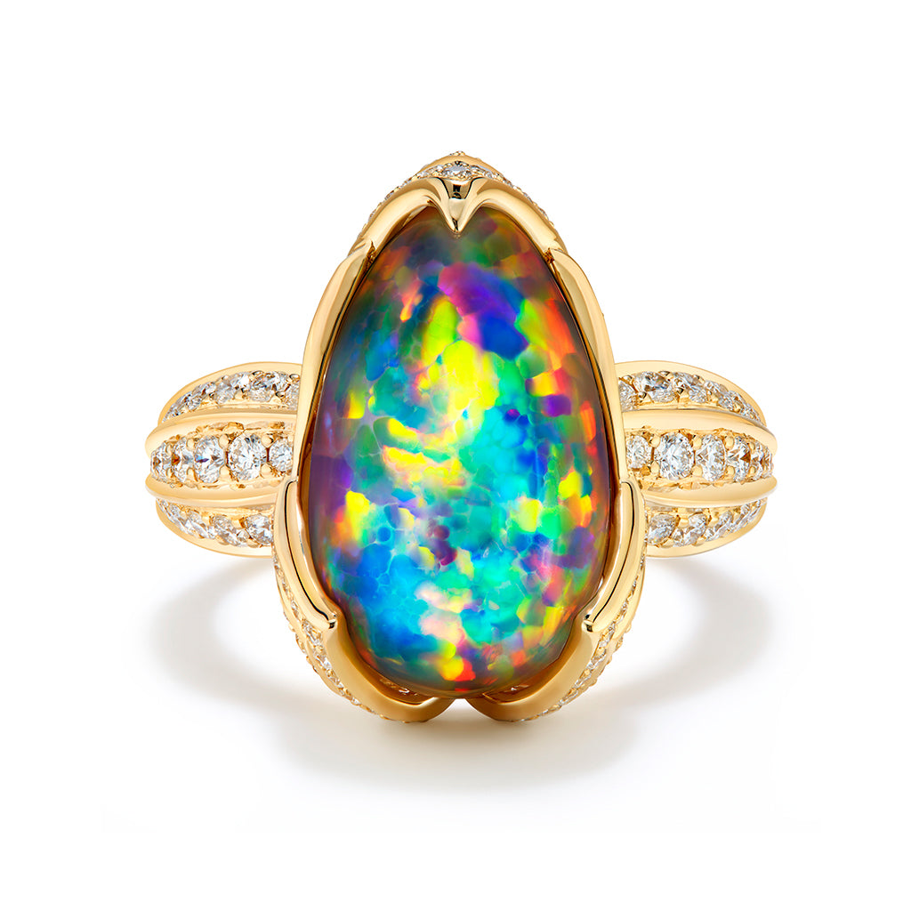 Indonesian Black Opal Ring with D Flawless Diamonds set in 18K Yellow Gold