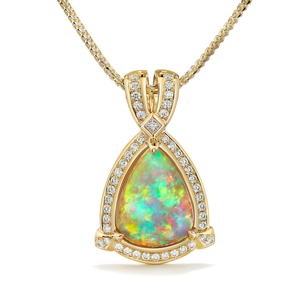 Indonesian Black Opal Necklace with D Flawless Diamonds set in 18K Yellow Gold