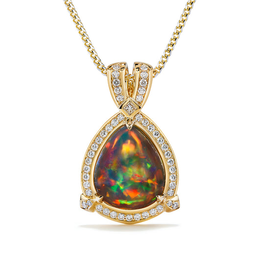 Indonesian Black Opal Necklace with D Flawless Diamonds set in 18K Yellow Gold