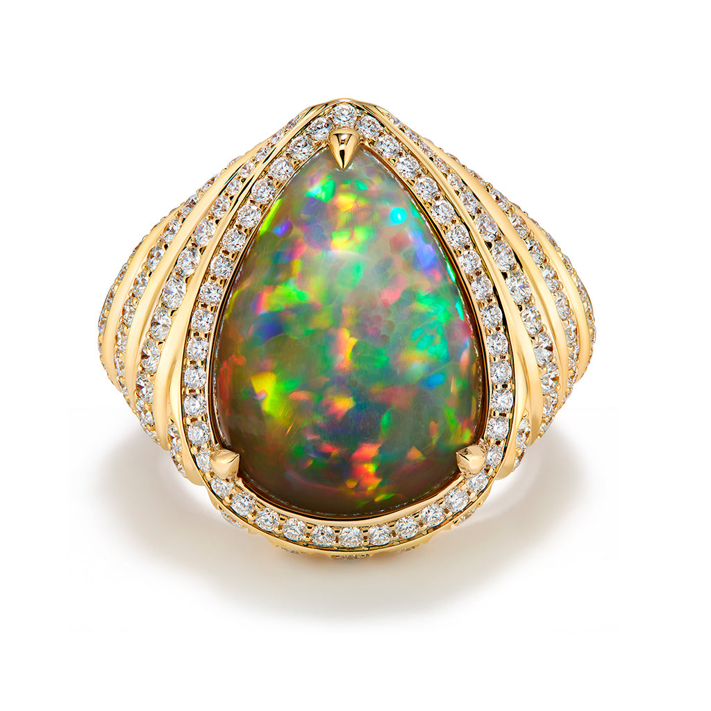 Indonesian Black Opal Ring with D Flawless Diamonds set in 18K Yellow Gold