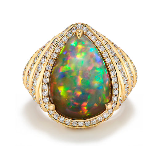 Indonesian Black Opal Ring with D Flawless Diamonds set in 18K Yellow Gold