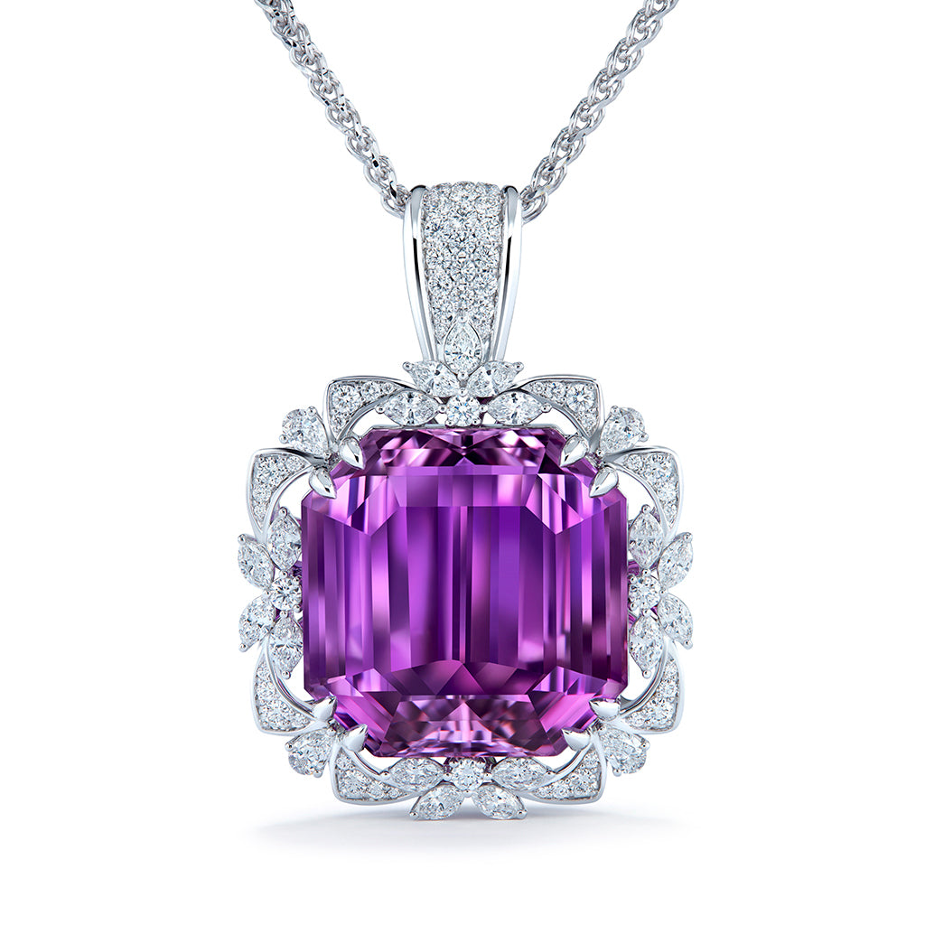 Kunzite Necklace with D Flawless Diamonds set in 18K White Gold