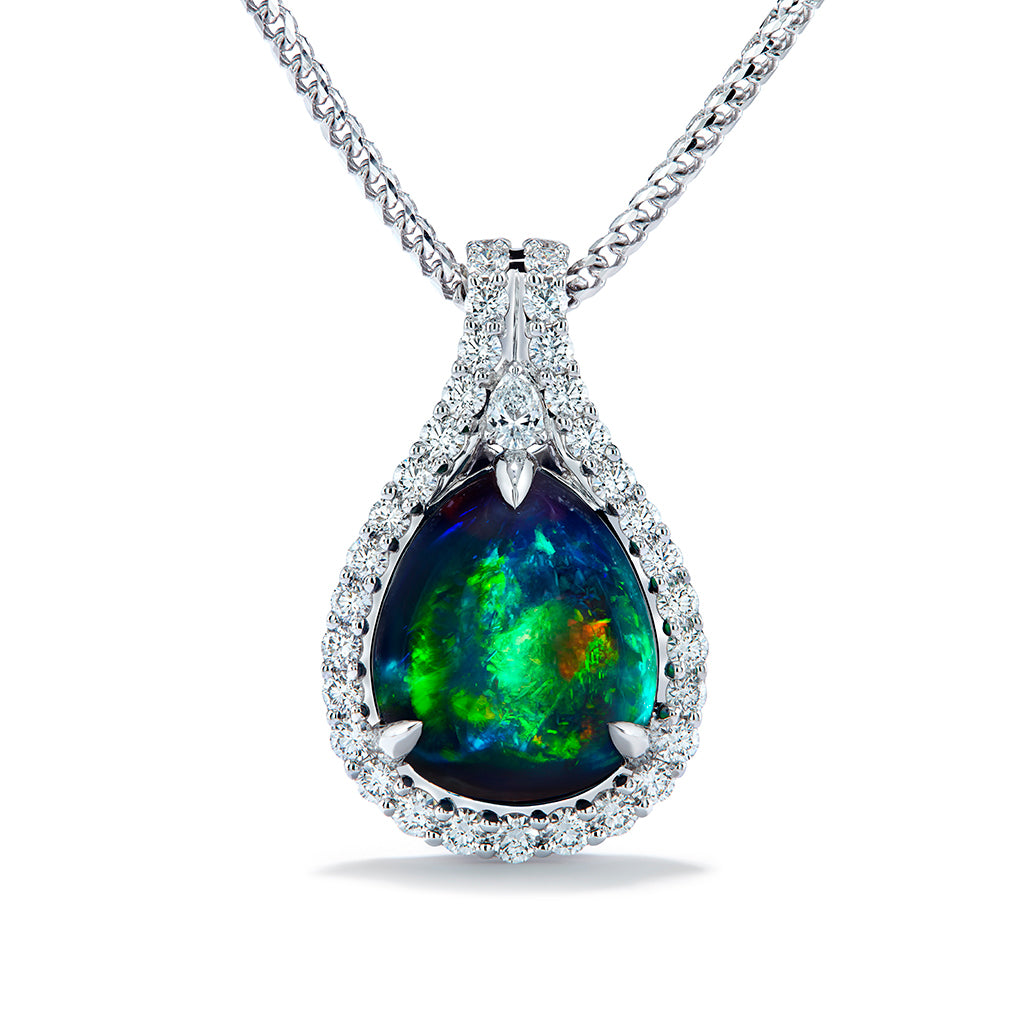Black Opal Necklace with D Flawless Diamonds set in 18K White Gold