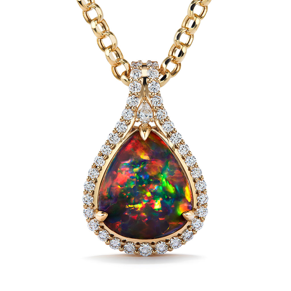 Indonesian Black Opal Necklace with D Flawless Diamonds set in 18K Yellow Gold
