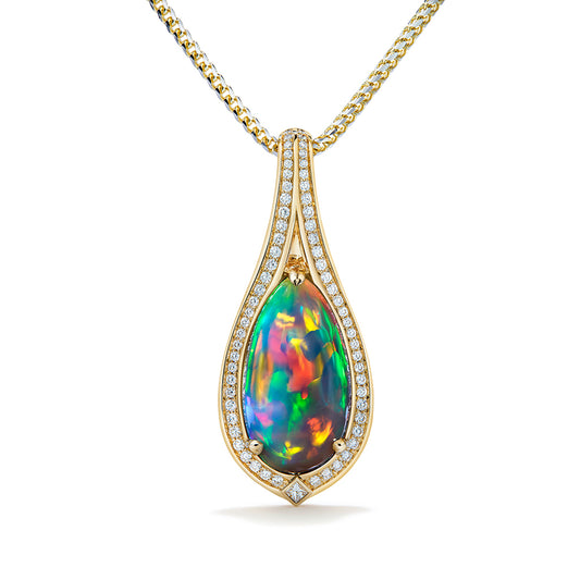 Indonesian Black Opal Necklace with D Flawless Diamonds set in 18K Yellow Gold