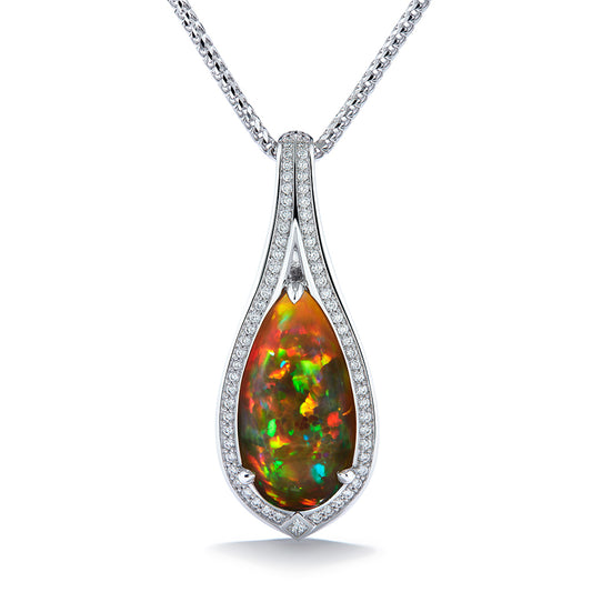 Indonesian Black Opal Necklace with D Flawless Diamonds set in 18K White Gold