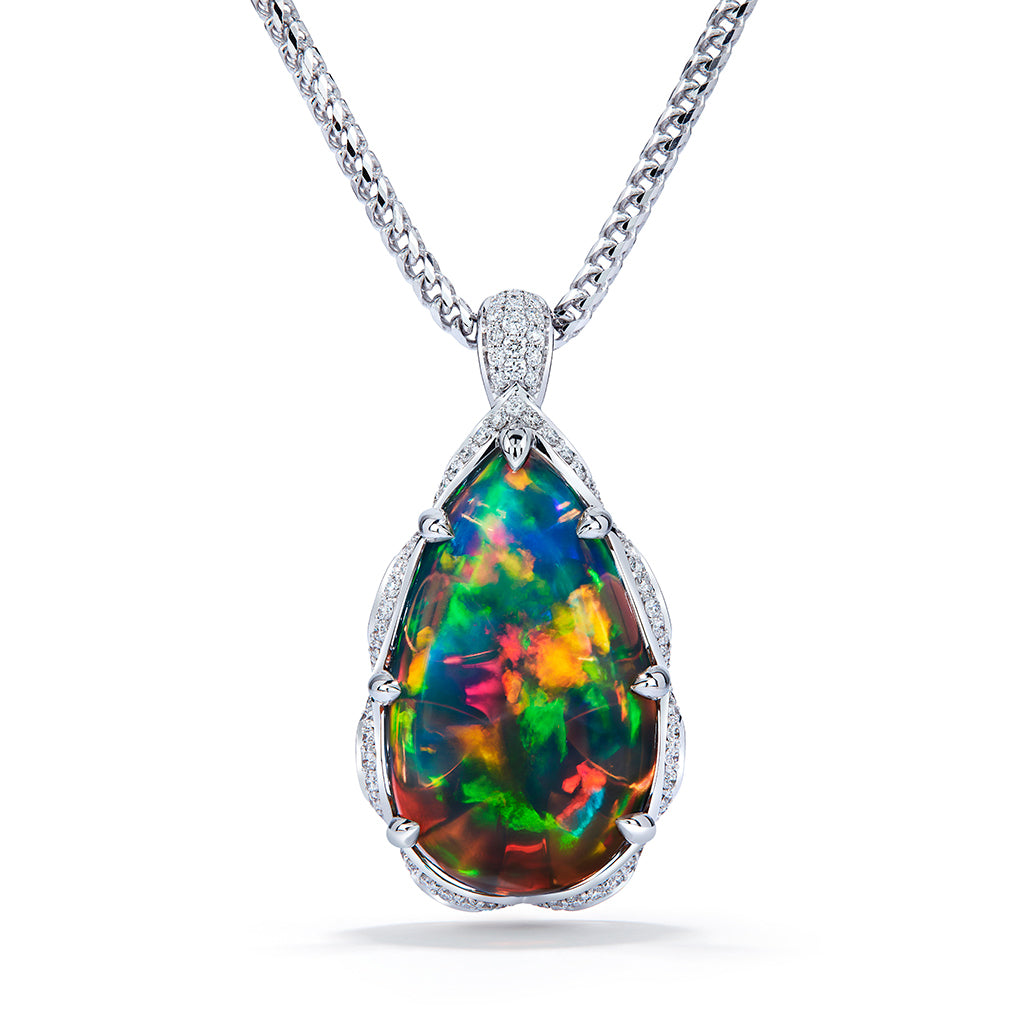 Indonesian Black Opal Necklace with D Flawless Diamonds set in 18K White Gold